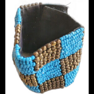 Boho Chic Seed Blue Beaded Memory Wire Wrap Bracelet Heavy Gold Faceted Beads